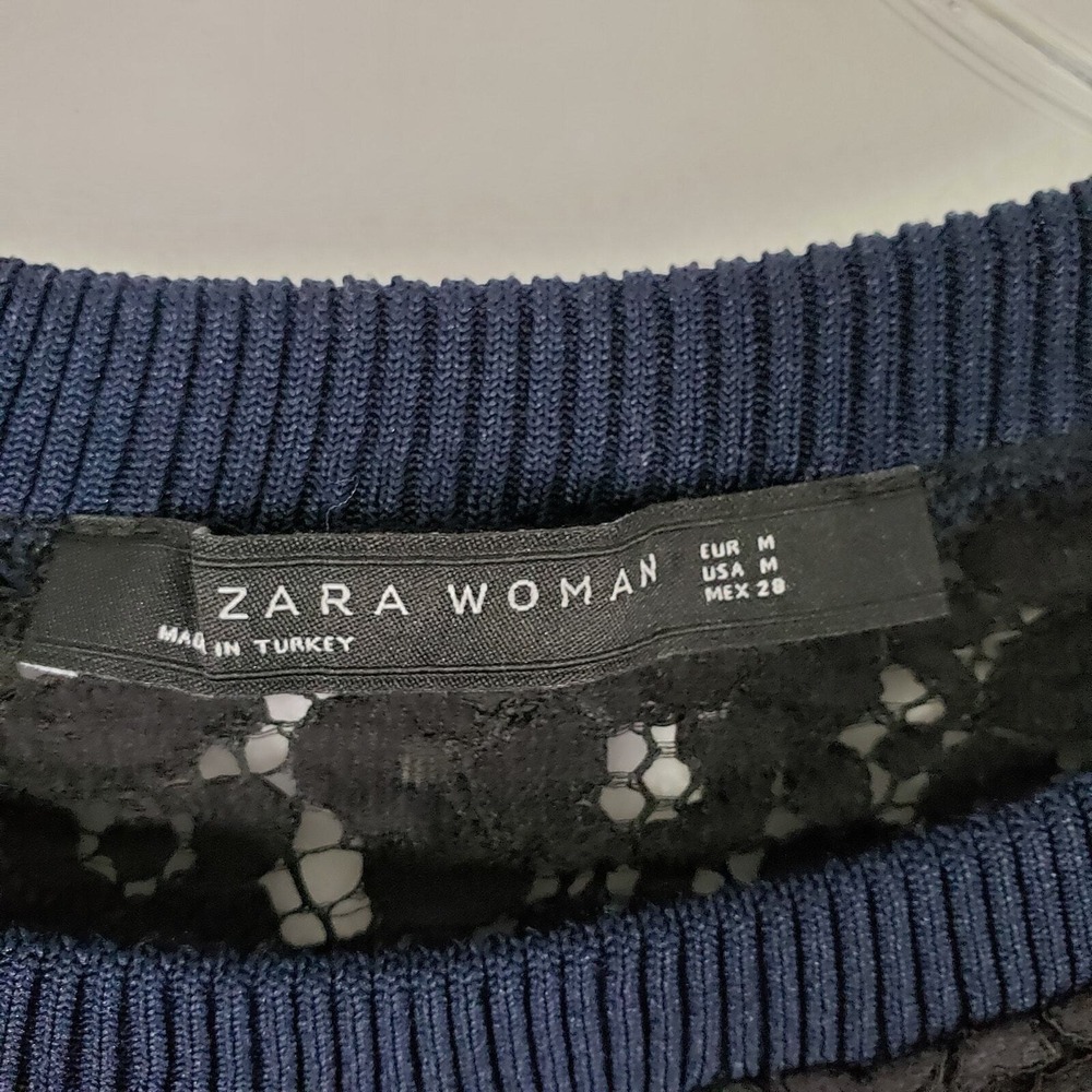 Zara Woman Black‎ Lace Pullover Top Navy Striped Trim Long Sleeve Womens Medium - Picture 2 of 4